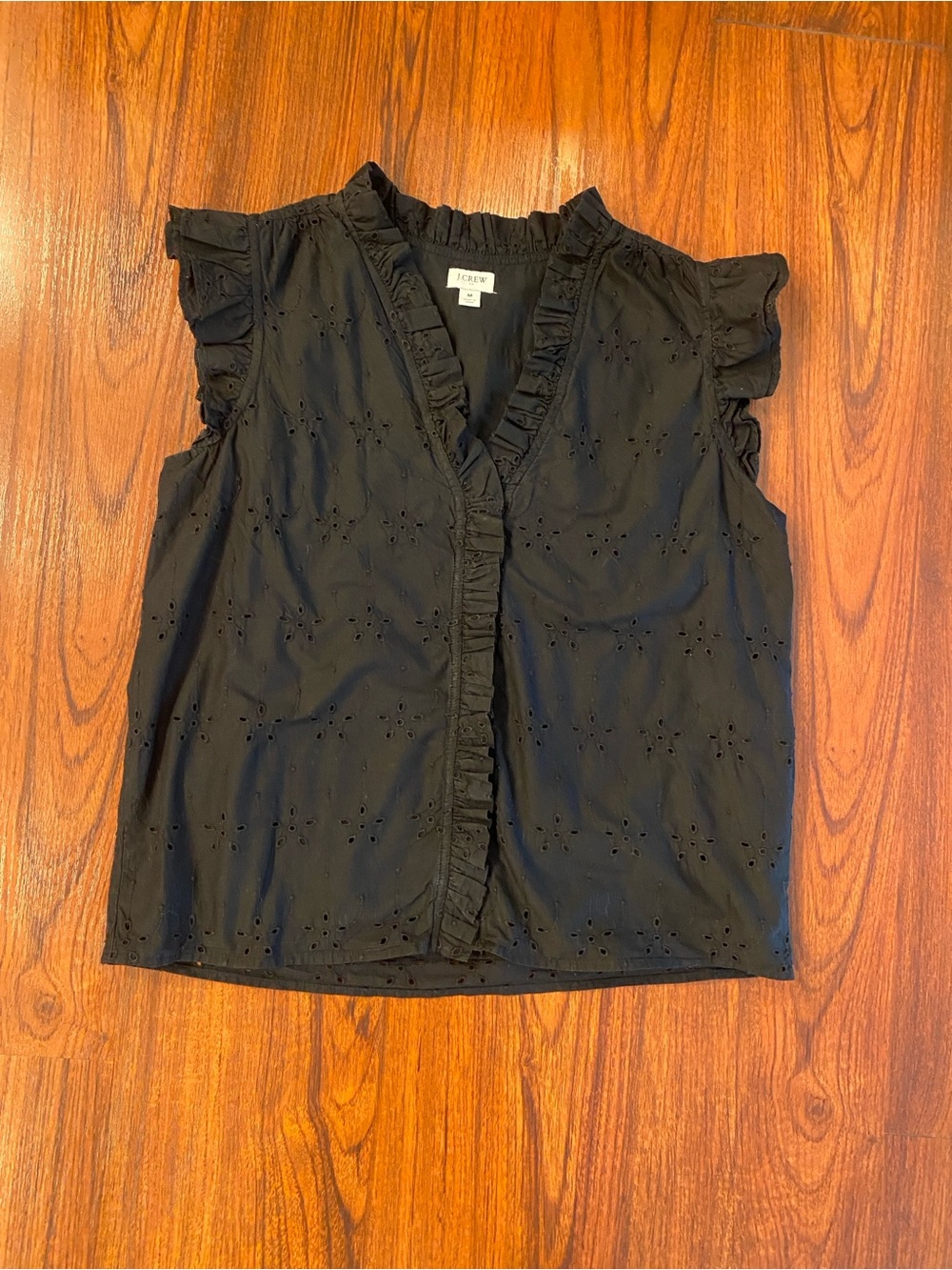 J. Crew Black Eyelet Ruffle Sleeveless Top Medium Cottagecore Feminine Blouse - Picture 7 of 7